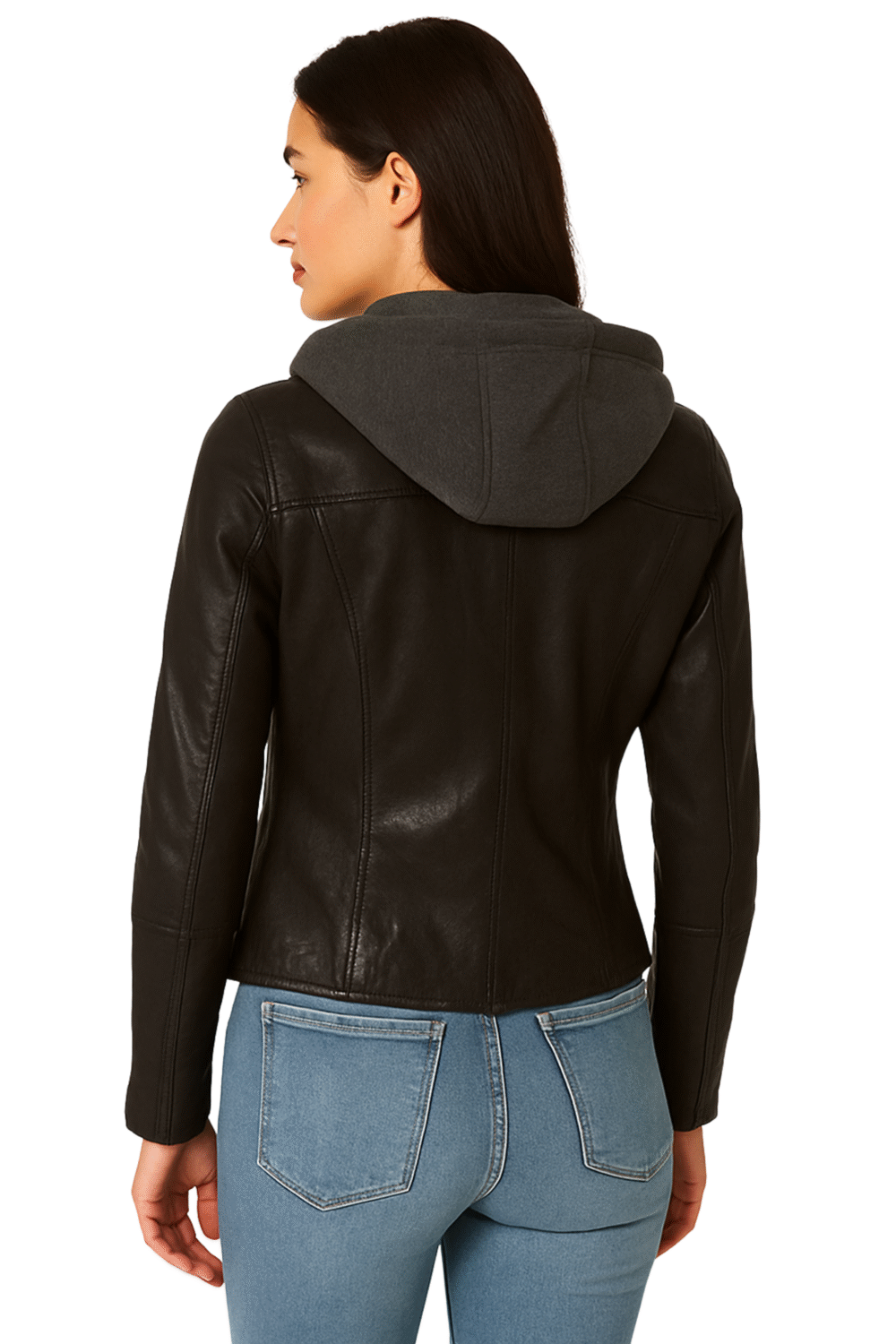 Black Cafe Racer Leather Jacket With Removable Hood For womens
