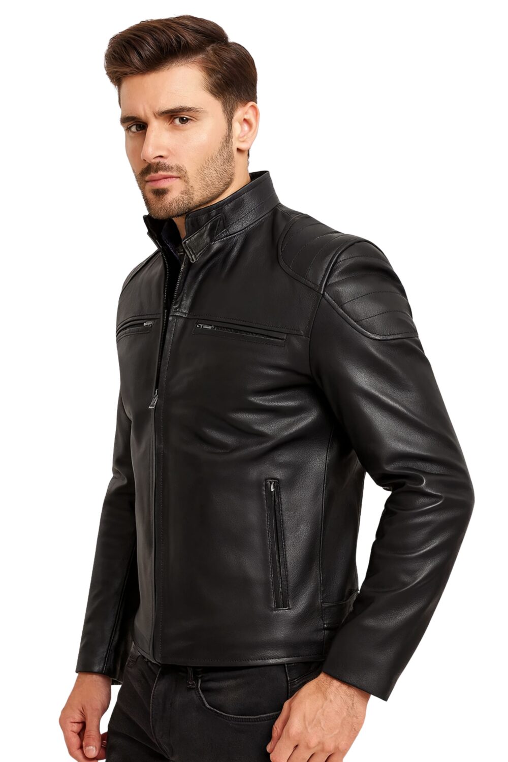 Black Sheepskin Cafe Racer Leather Jacket for mens