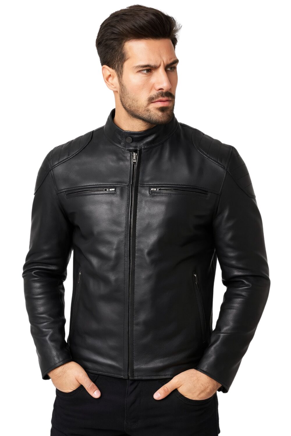 Mens Black Sheepskin Cafe Racer Leather Jacket