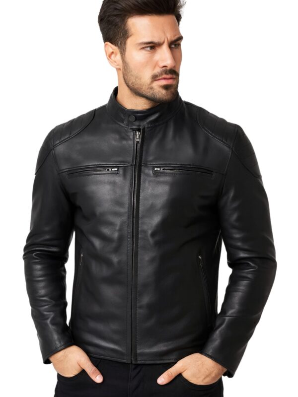 Mens Black Sheepskin Cafe Racer Leather Jacket