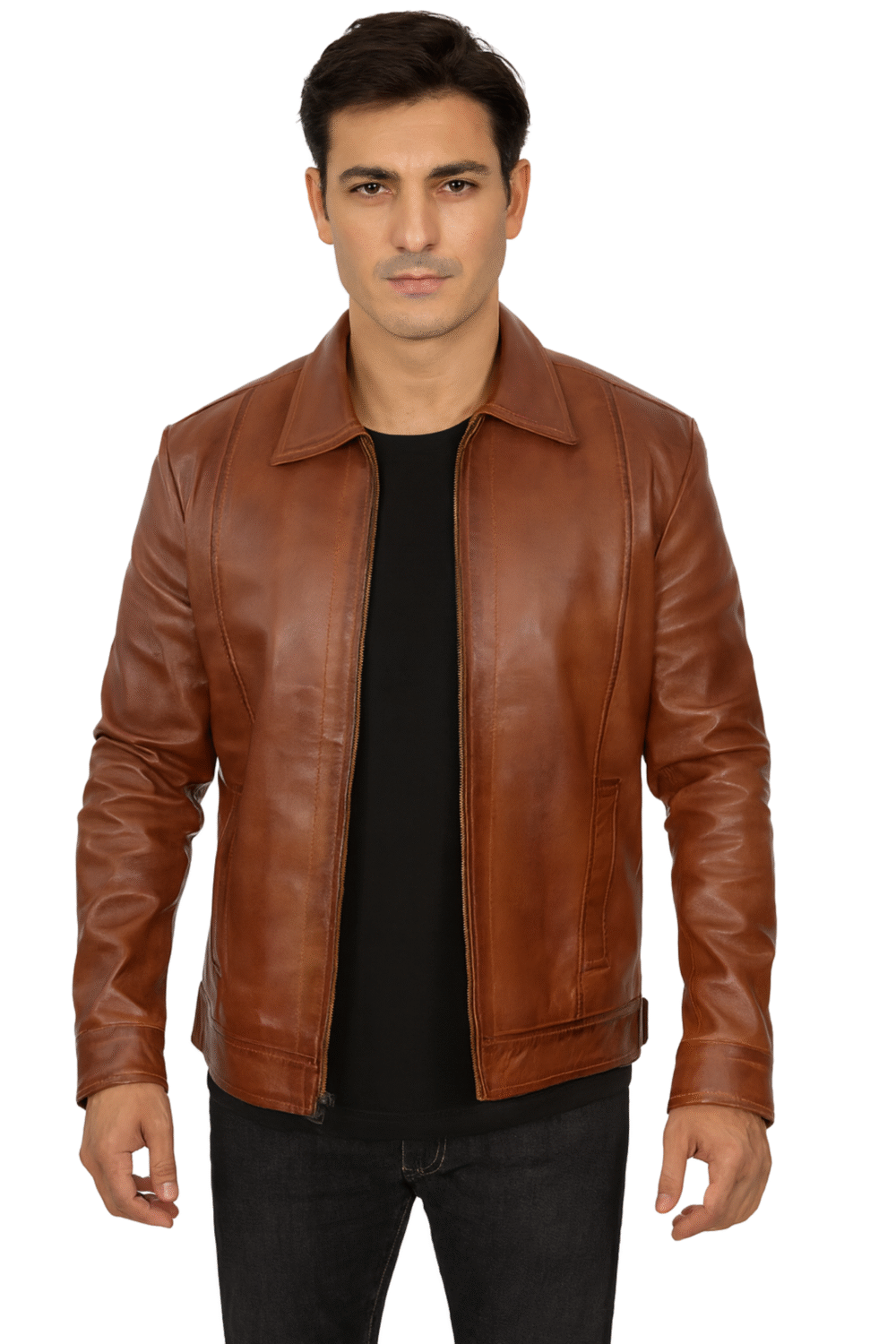 Reeves Mens Brown Leather Jacket with Shirt Collar