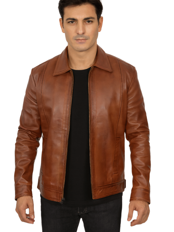 Reeves Mens Brown Leather Jacket with Shirt Collar