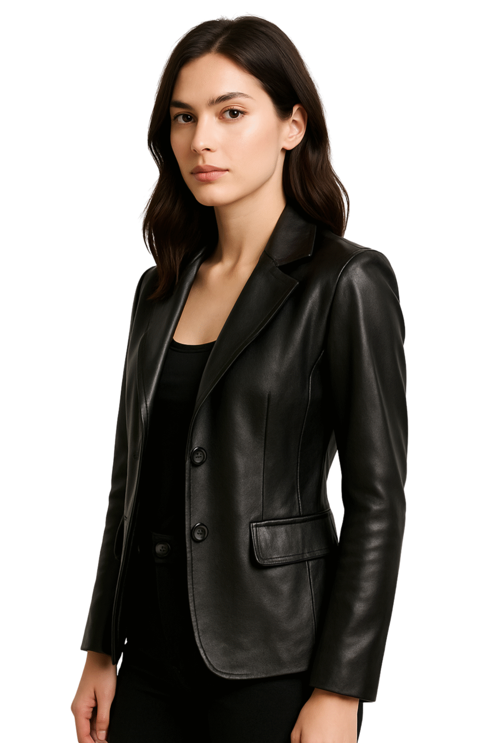 Two Button Black Leather Blazer for Womens