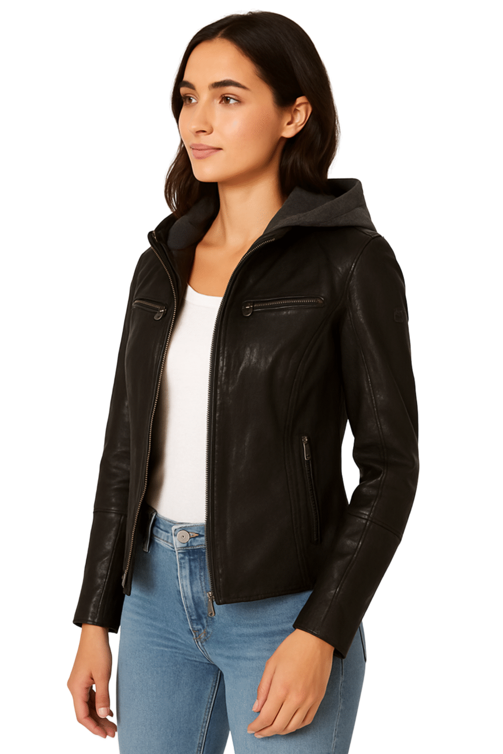 Womens Black Cafe Racer Leather Jacket With Removable Hood