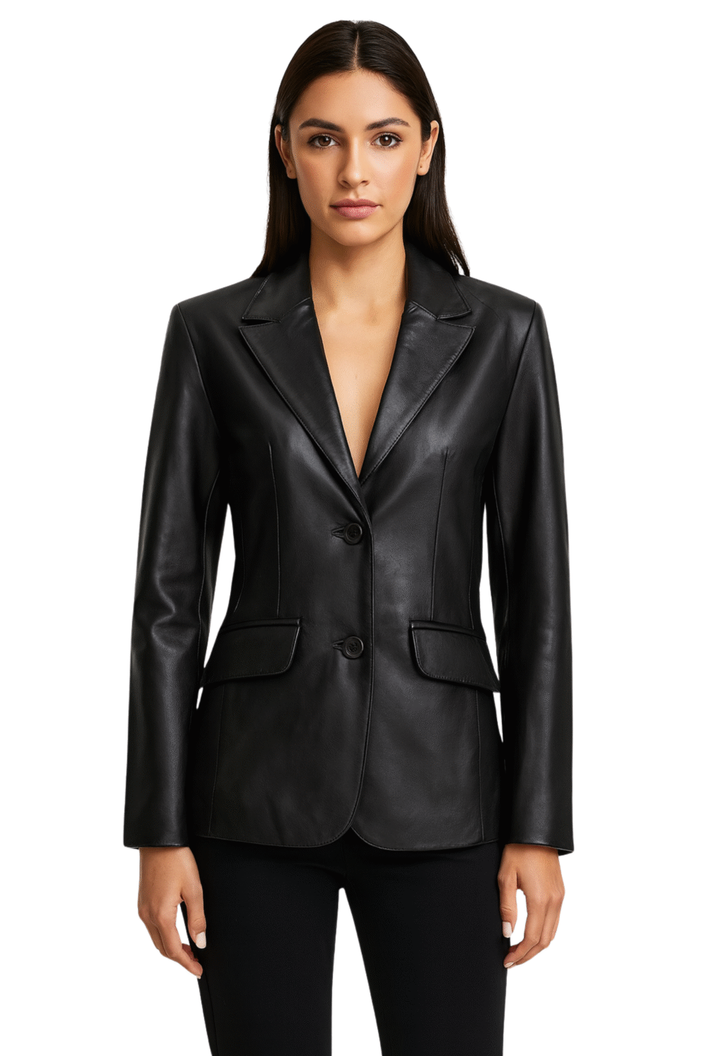 Womens Two Button Black Leather Blazer