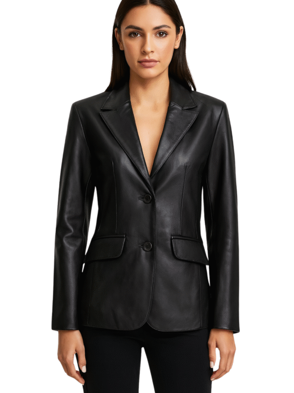 Womens Two Button Black Leather Blazer