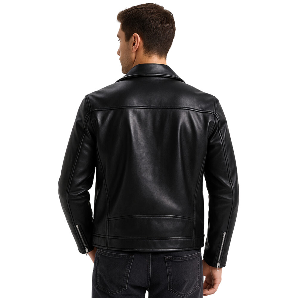 Black Biker Leather Jacket with American Polo Collar For Mens