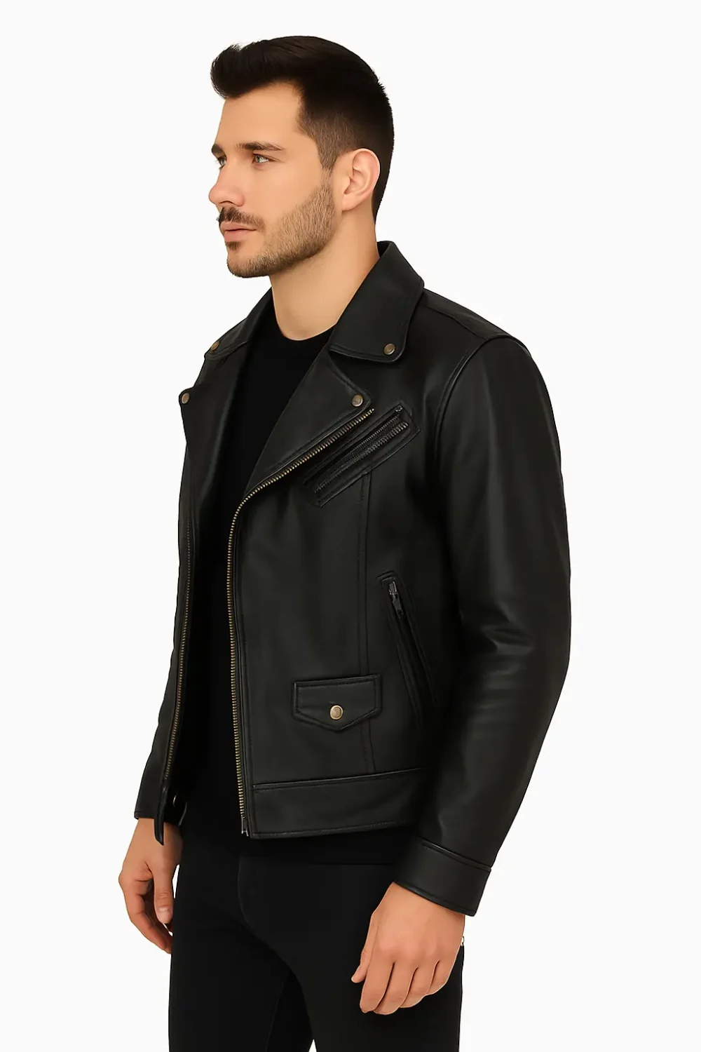 Mens Black Rider Leather Jacket with Secure Zipper Pocket