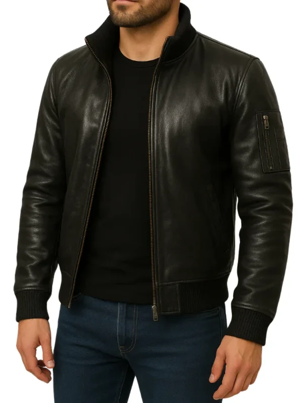 Men’s Black Cowhide Leather Bomber Jacket