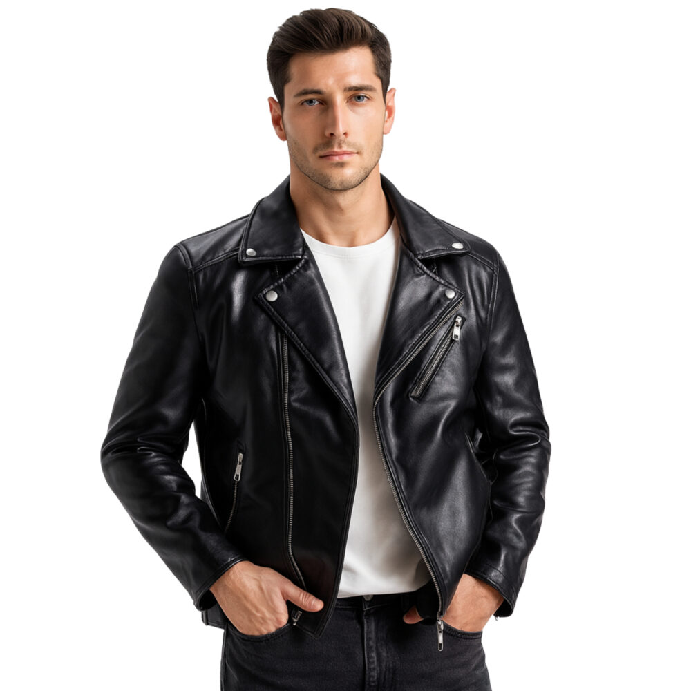 Mens Black Biker Leather Jacket with American Polo Collar
