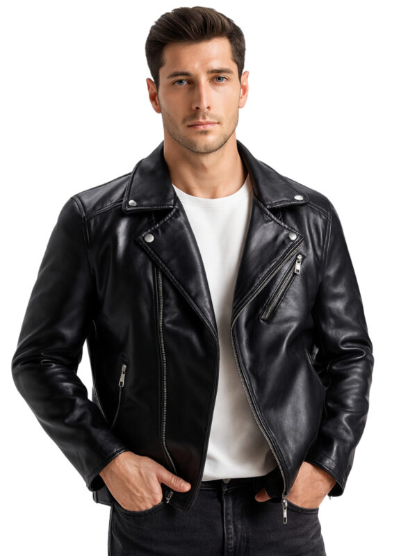Mens Black Biker Leather Jacket with American Polo Collar