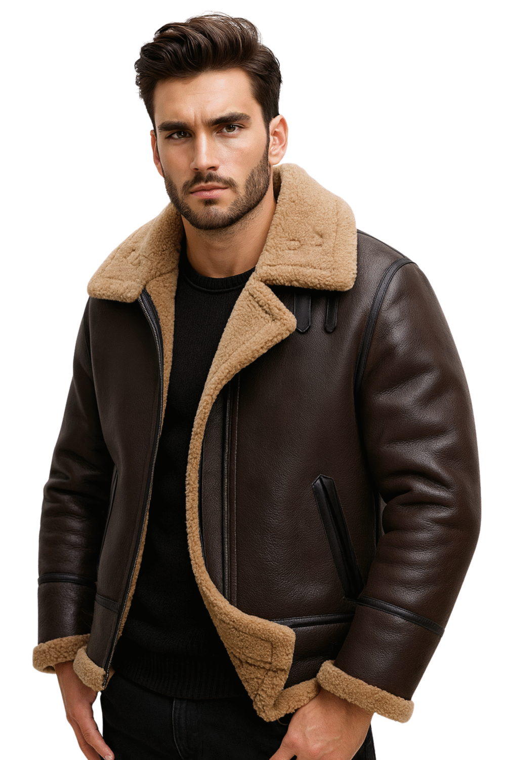 Mens Brown Sheepskin Shearling Bomber Jacket