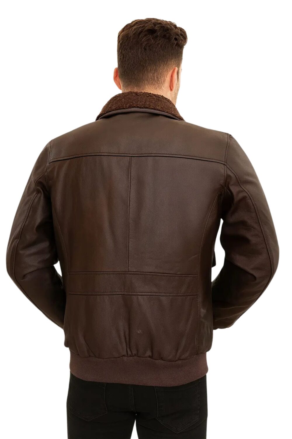Mens Classic Brown Bomber leather Jacket with shearling collar