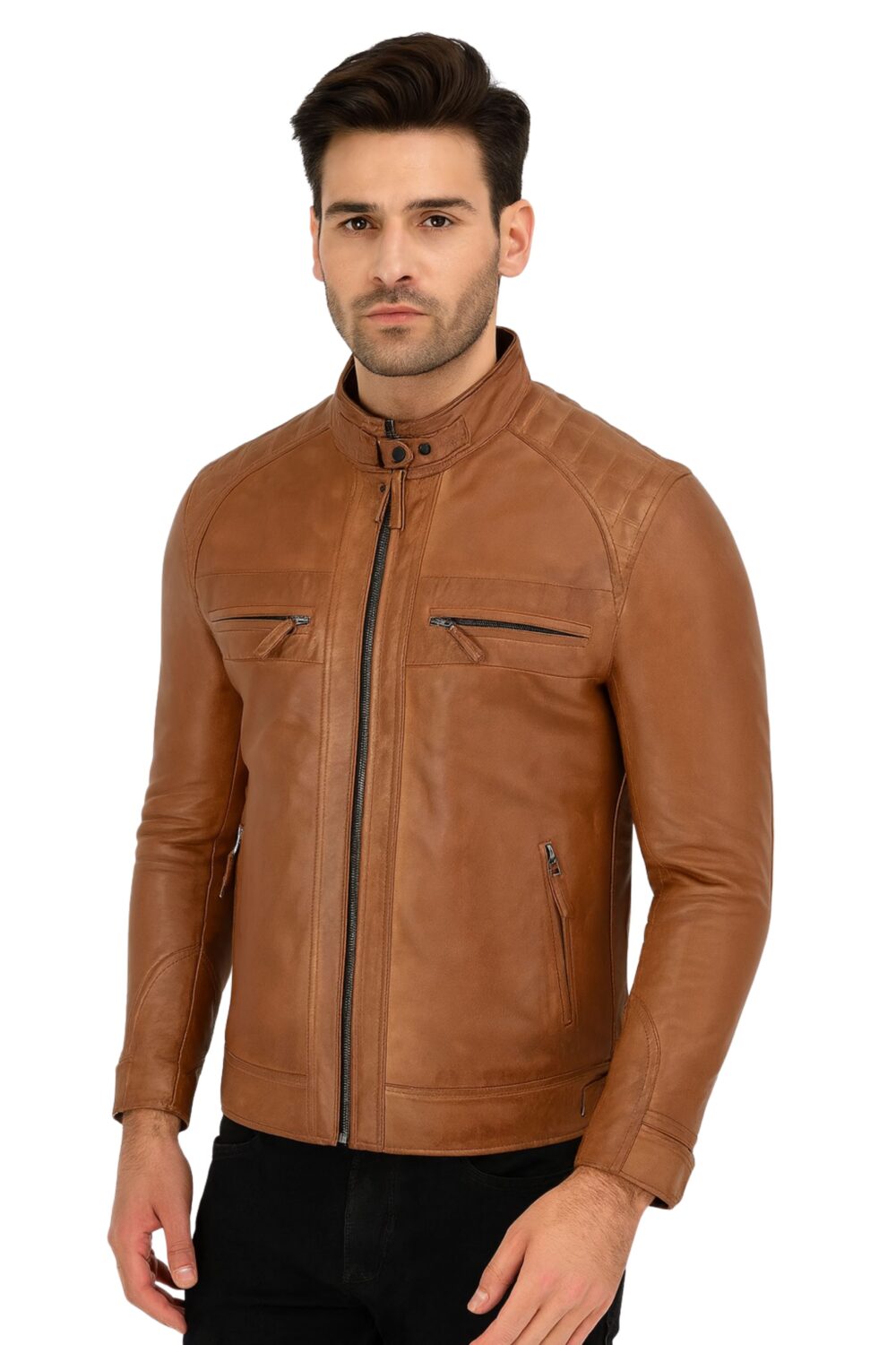 Mens Classic Brown Cafe Racer Leather Jacket