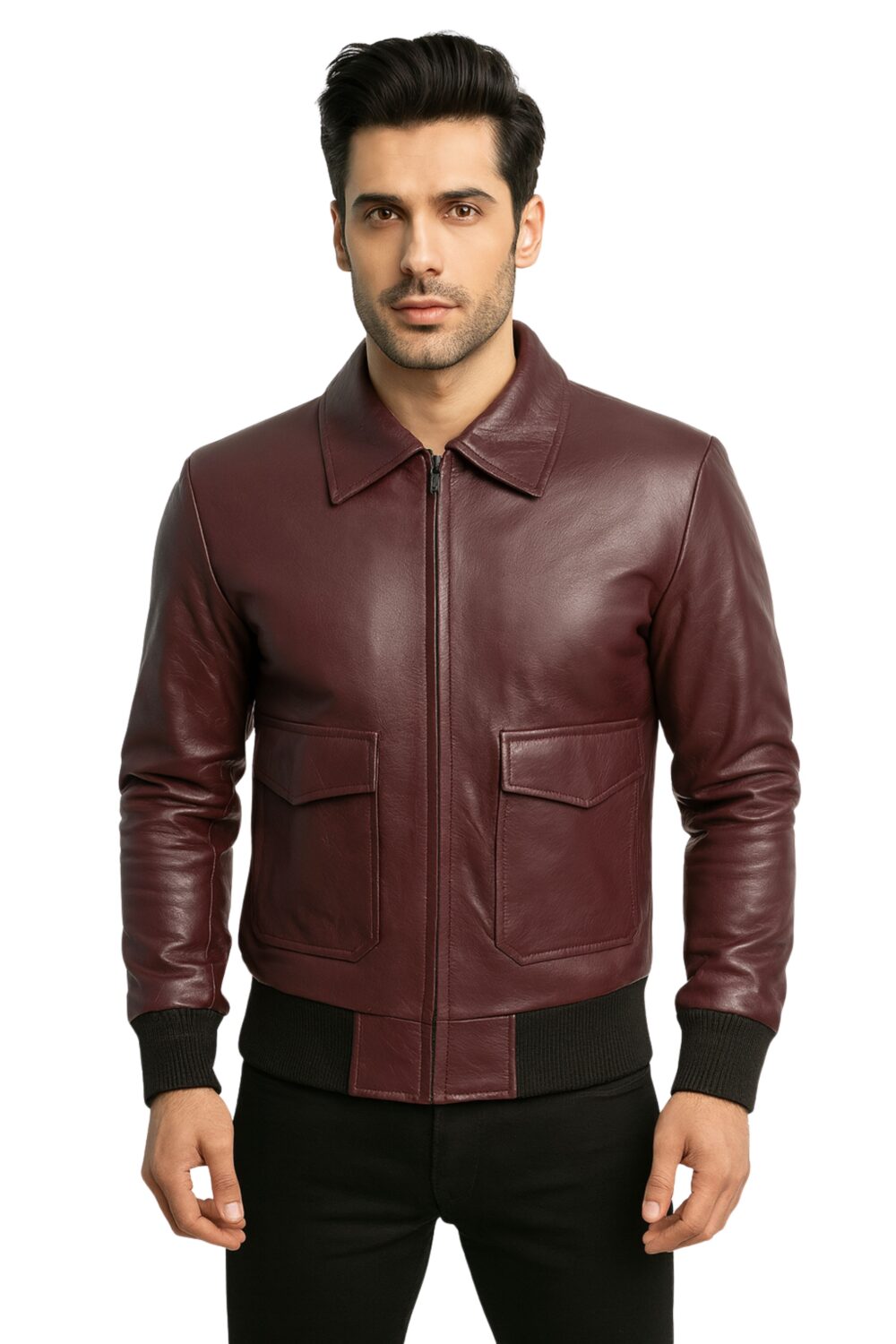 Mens Maroon Bomber Leather Jacket