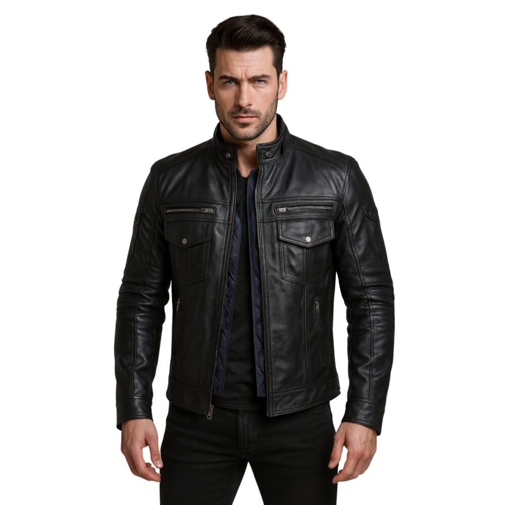 Slim Fit Black Leather Biker Jacket with Stylish Multiple Pockets