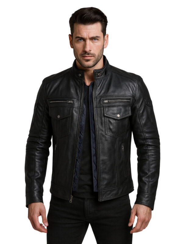 Slim Fit Black Leather Biker Jacket with Stylish Multiple Pockets