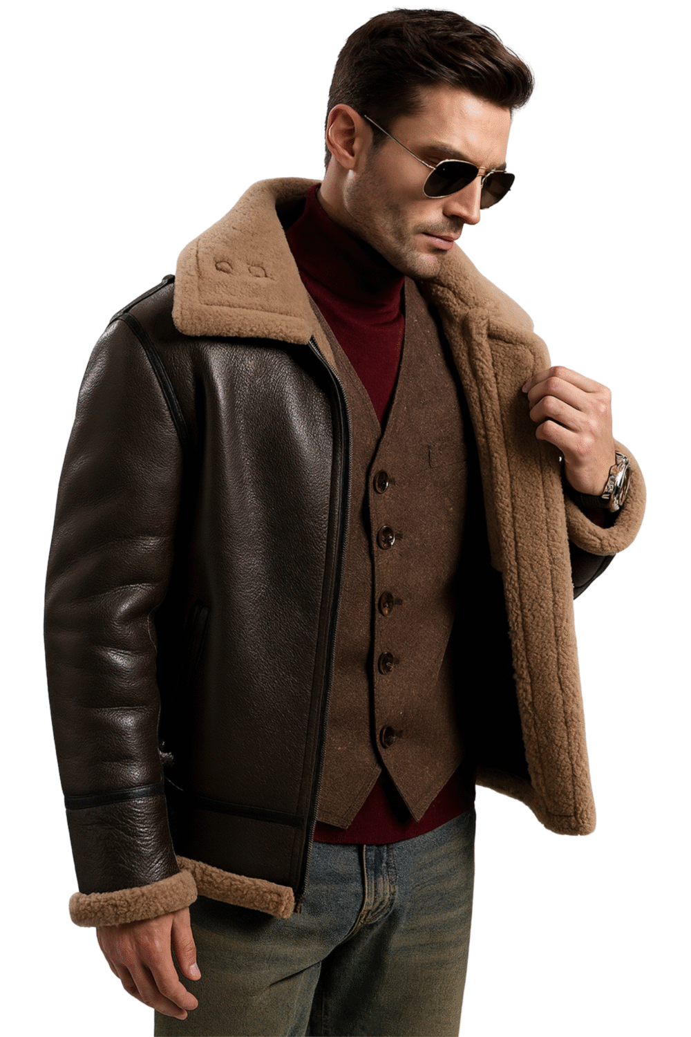 Premium Mens Brown Sheepskin Shearling Bomber Aviator Jacket