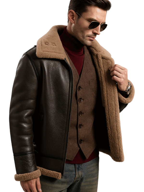 Premium Mens Brown Sheepskin Shearling Bomber Aviator Jacket