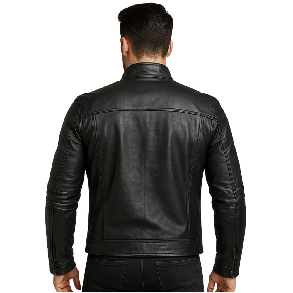 Slim Fit Black Leather Biker Jacket with Stylish Double Pockets For Mens