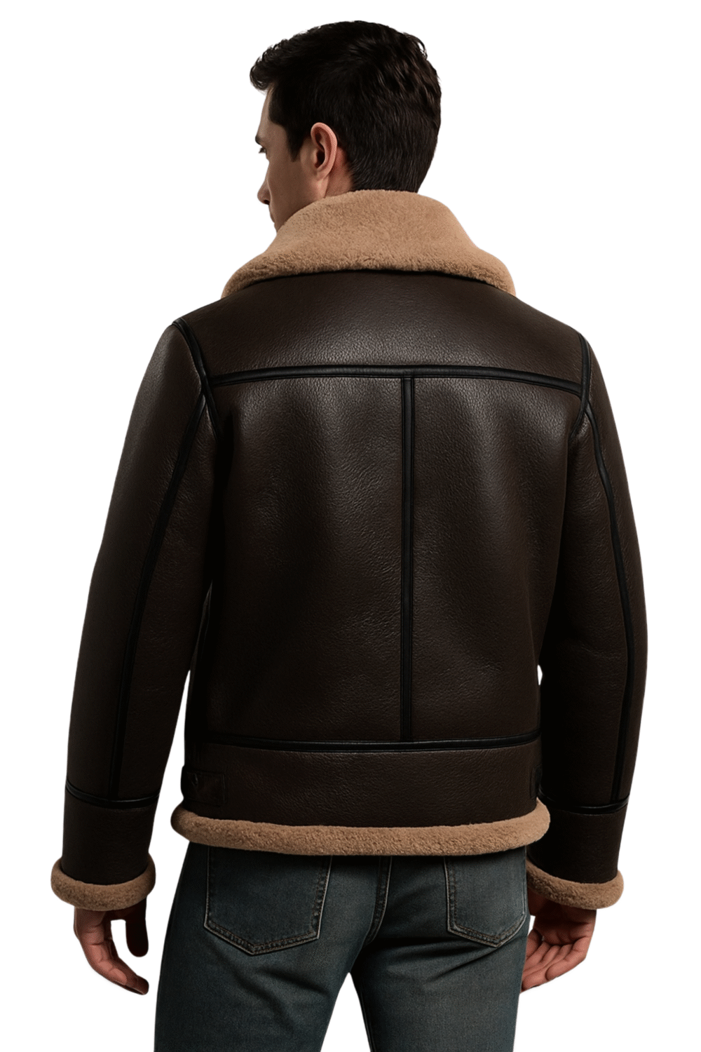Men's Premium Brown Sheepskin Shearling Bomber Leather Jacket - Image 3